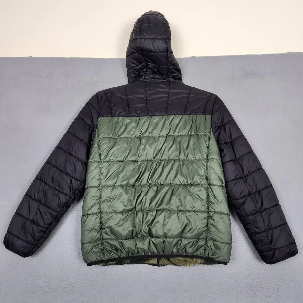 Eddie Bauer Jacket Boys Large Green Black Reversible Camo Hooded Puffer Coat